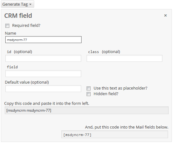 CRM field in the CF7 tag generator