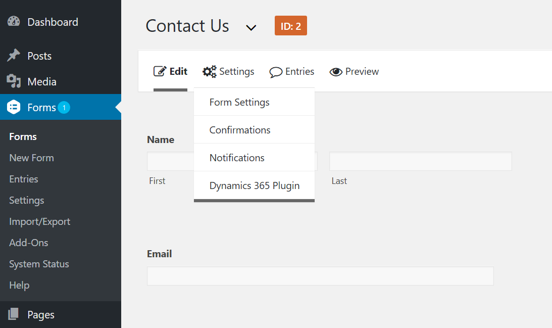 Dynamics 365 Integration in the Gravity Forms settings menu