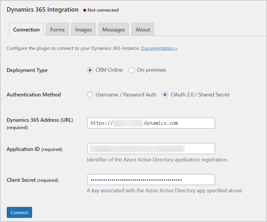 Dynamics 365 Connection settings