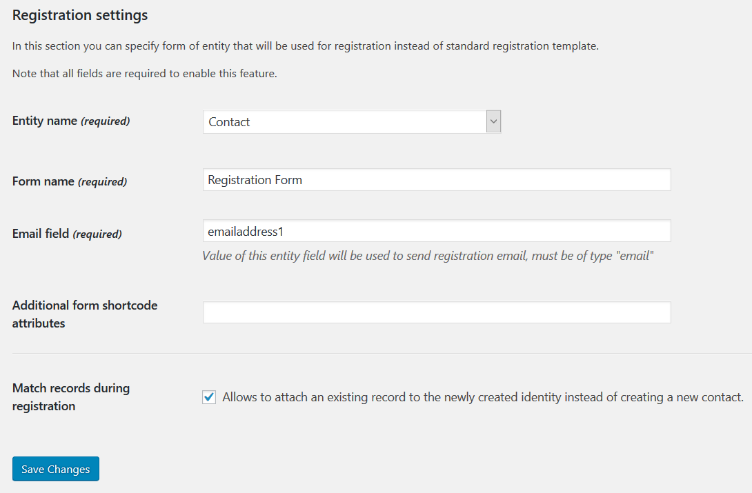 Registration settings screen