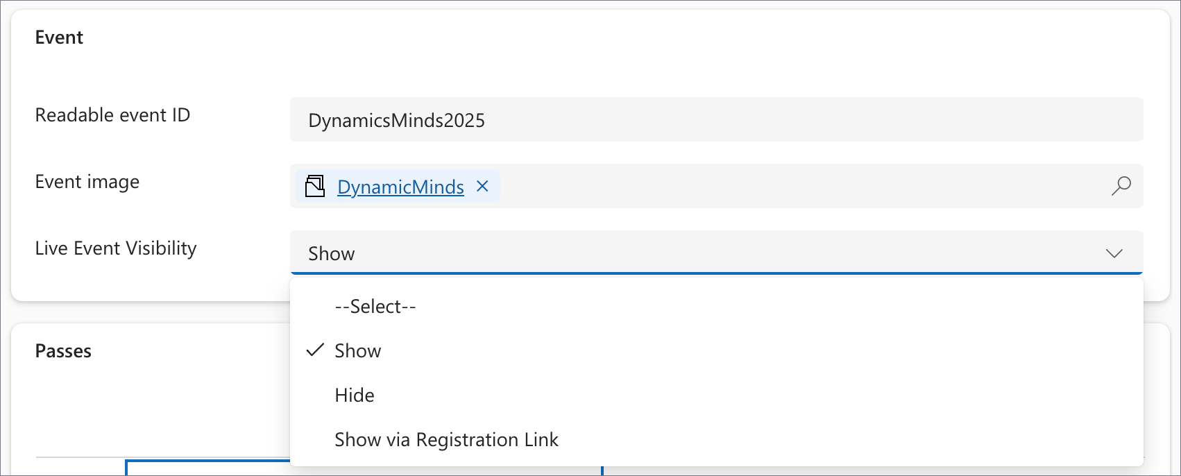 Live Event Visibility choice dropdown