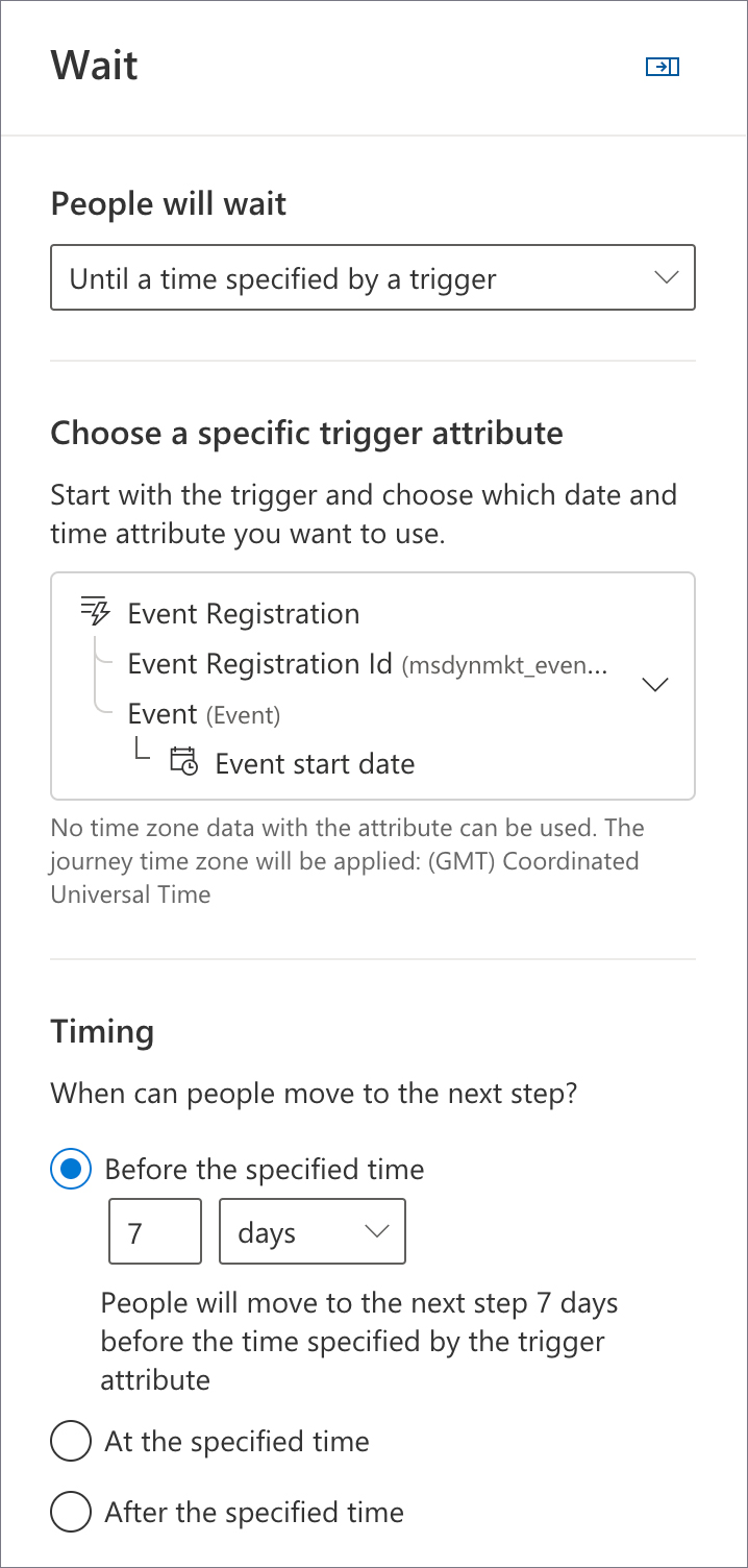 Create Journey. Event start day is on or after 7 days from now