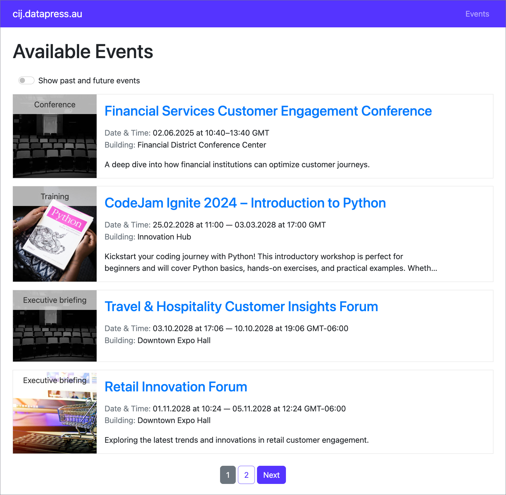 Page Events list
