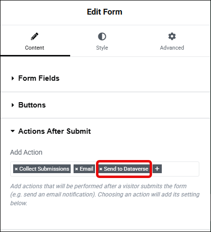 Send to Dataverse action